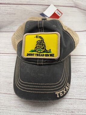 Don't Tread On Me Patch Trucker Hat - Yellow Patch, Charcoal & Tan